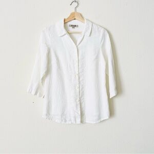 Flax SMALL 100% linen white button down 3/4 sleeve shirt